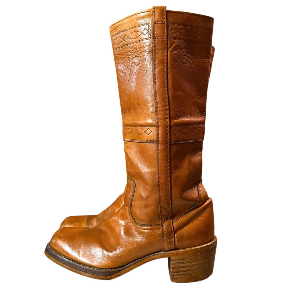 Vintage 70s Frye Campus Boots Womens Orange Leather Stitched High Shaft Sz 11D - Picture 3 of 12